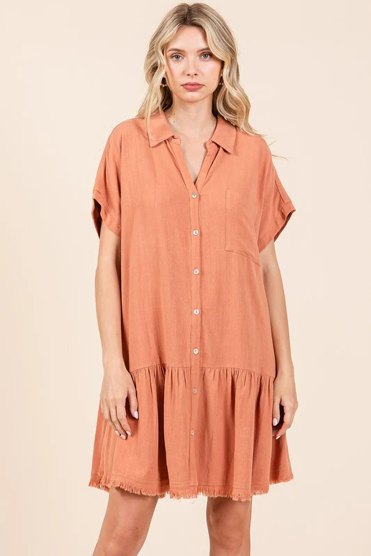 Mittoshop Linen Blend Button Down Shirt Mini Dress - Lositime