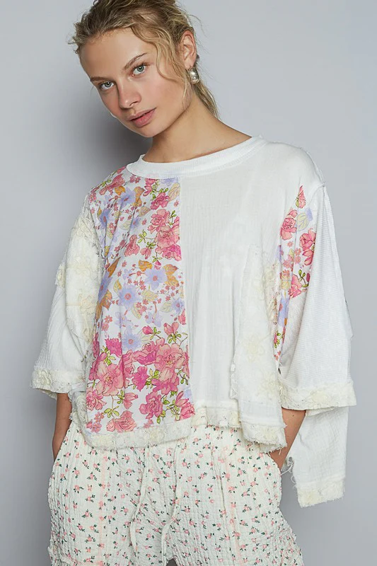 POL Floral Lace Patch Round Neck Double Gauze Top - Lositime
