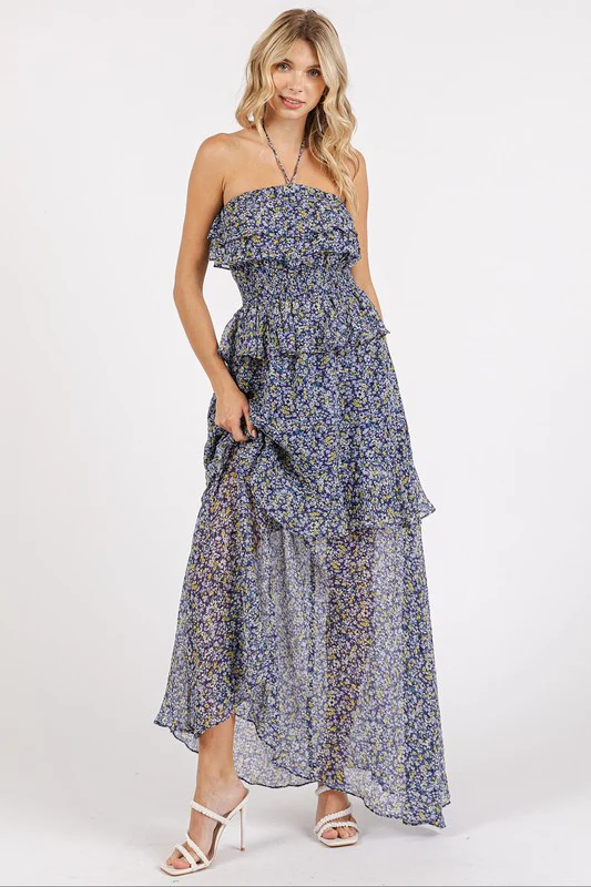 Mittoshop Ruffled Smocked Floral Halter Neck Maxi Dress - Lositime