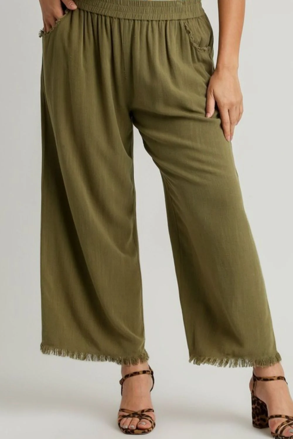 Umgee Full Size Linen Blend Elastic Waistband Wide Leg Pants Plus Size - Lositime