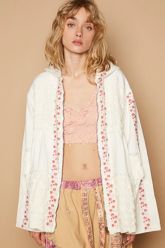 POL Embroidered Lace Patch Zip Up Hooded Jacket - Lositime