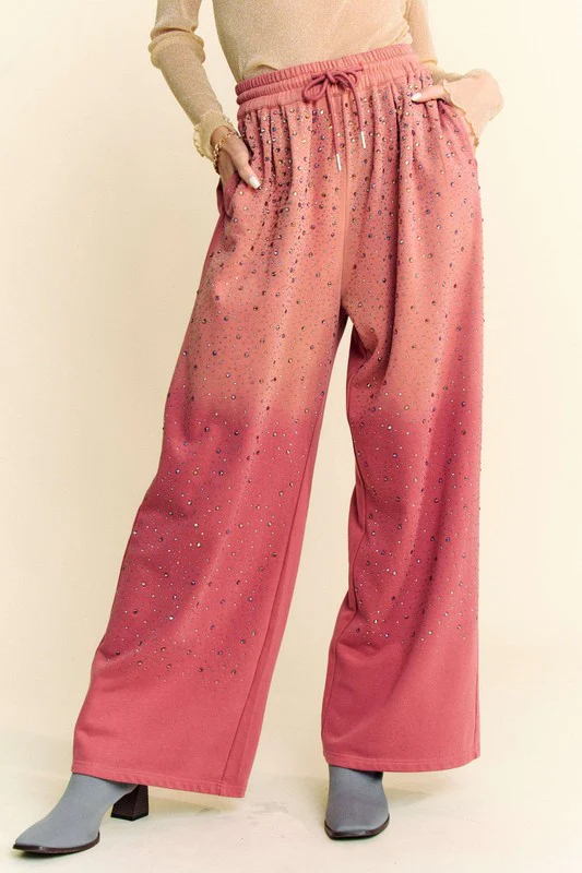 Davi & Dani Rhinestone Drawstring Wide Leg Pants - Lositime