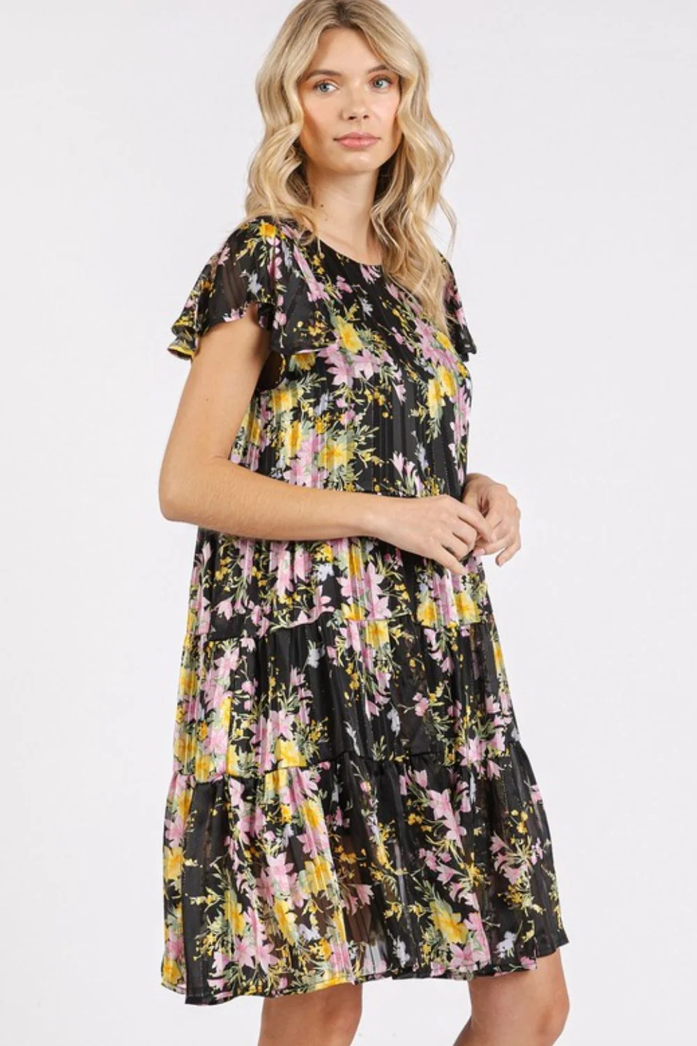 Mittoshop Flower Print Round Neck Flutter Sleeve Tiered Dress - Lositime