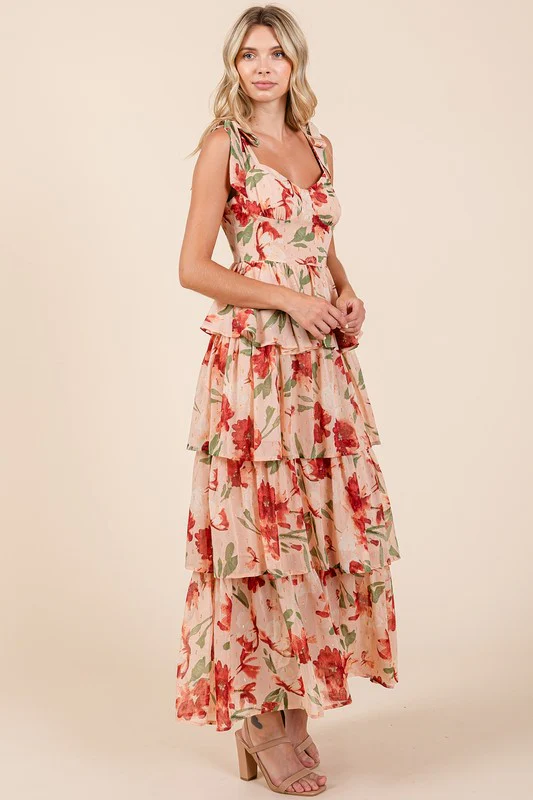 Mittoshop Layered Floral Sweetheart Neck Maxi Dress - Lositime