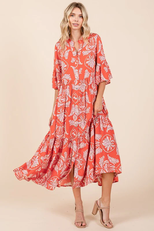 Mittoshop Abstract Leaf Print Tiered Ruffle Dress - Lositime