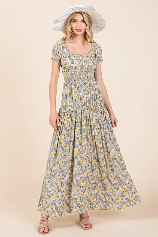 Mittoshop Flower Print Puff Sleeve Gathered Maxi Dress - Lositime
