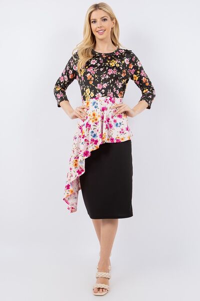 Celeste Full Size Floral Asymmetrical Hemline Round Neck Top Plus Size - Lositime