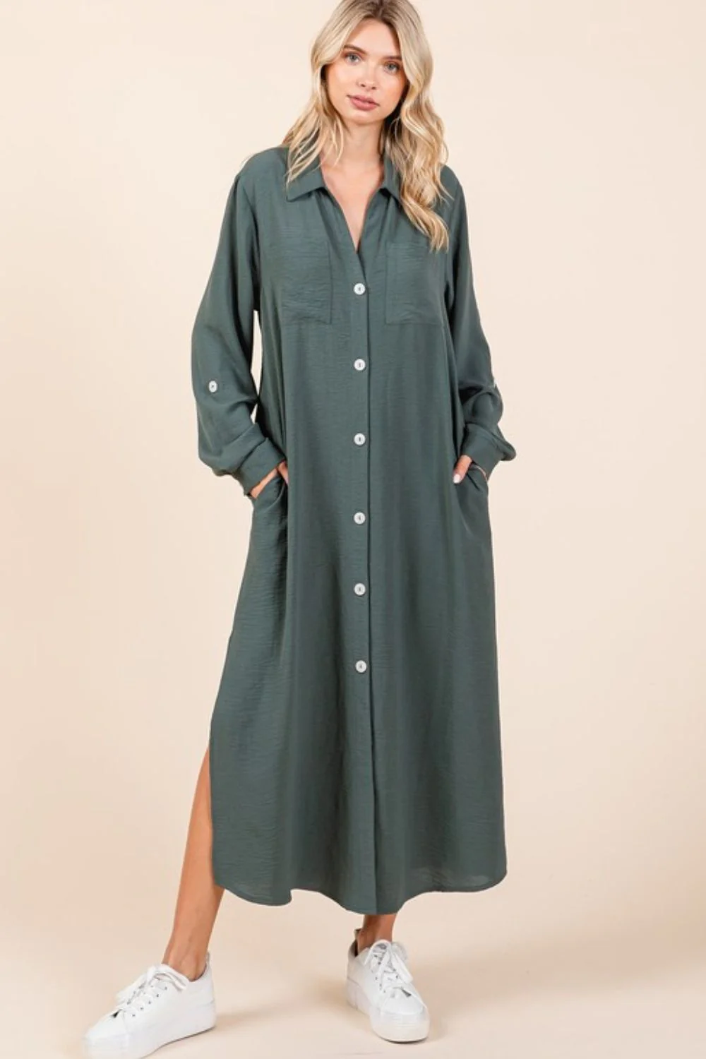 Mittoshop Airflow V-Neck Long Sleeve Button Down Maxi Dress - Lositime