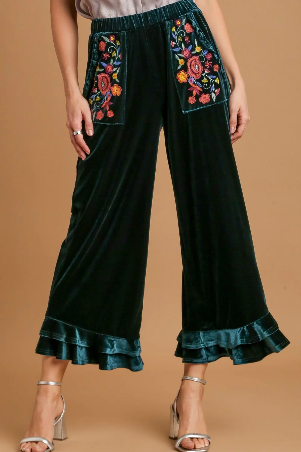 Umgee Full Size Wide Fit Ruffle Velvet Pants with Embroidered Pockets Plus Size - Lositime