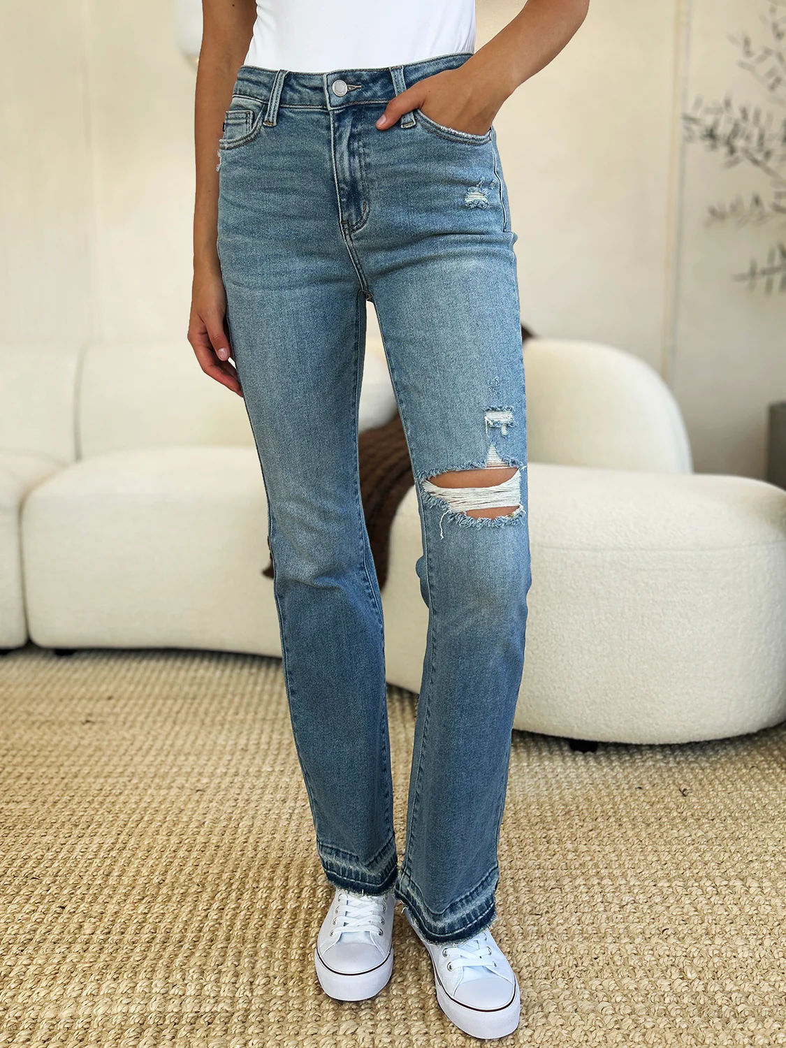 Judy Blue Full Size Mid Rise Destroyed Hem Distressed Jeans - Lositime