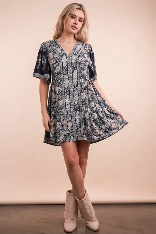 VERY J Shirring Detail Printed Woven Mini Dress - Lositime