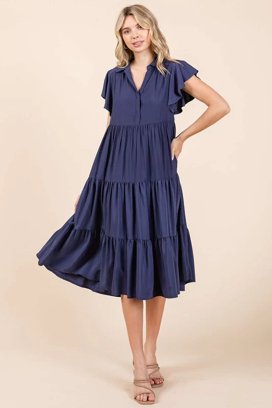 Mittoshop Ruffle Sleeve Collared V Neck Tiered Midi Dress - Lositime