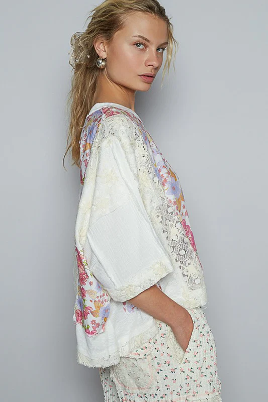 POL Floral Lace Patch Round Neck Double Gauze Top - Lositime
