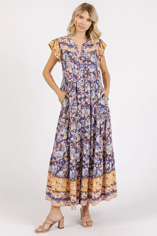 Mittoshop Floral Ruffled Notched Cap Sleeve Maxi Dress - Lositime