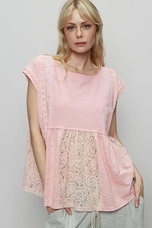 POL Embroidered Detail Boat Neck Cap Sleeve Lace Blouse - Lositime